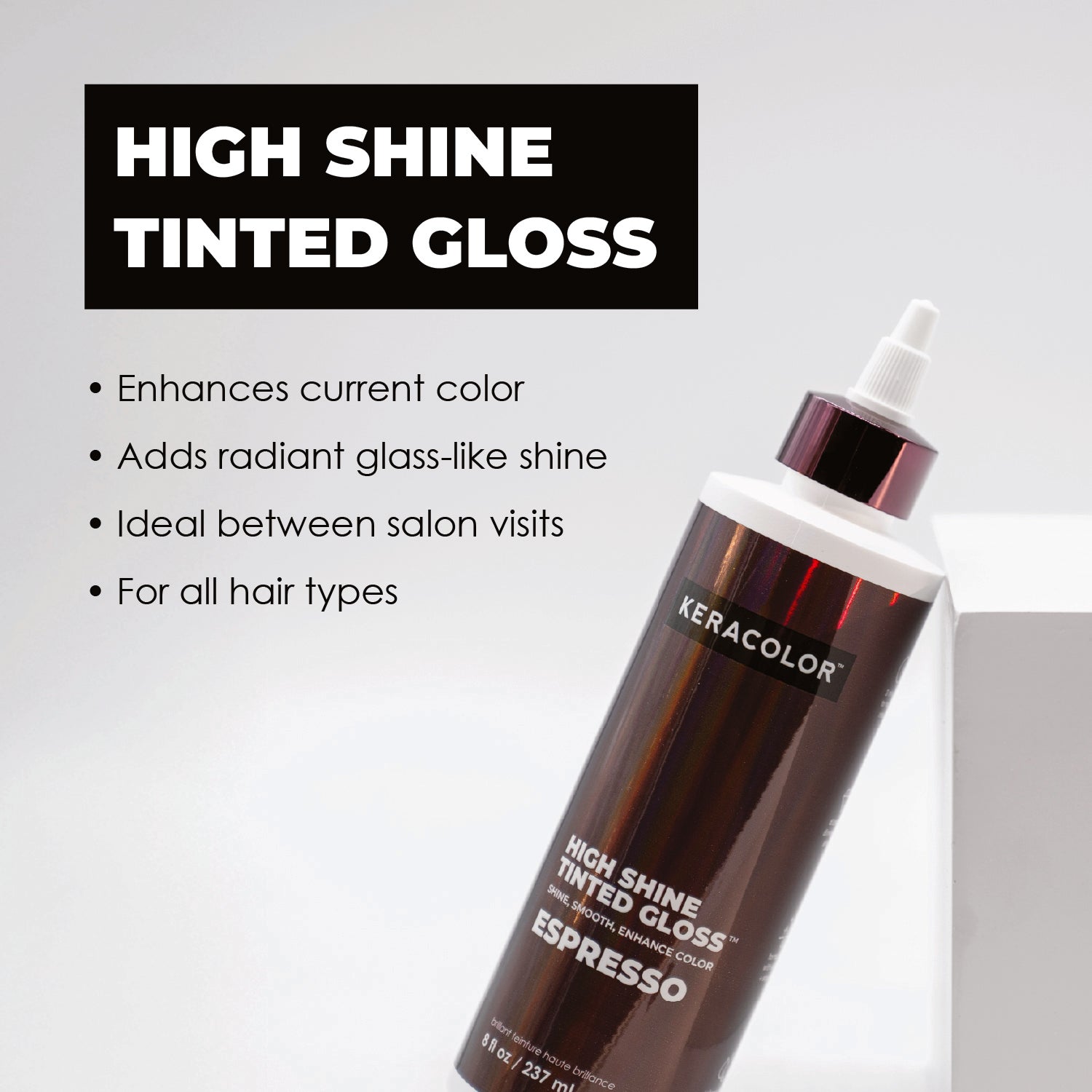 Keracolor High Shine Tinted Gloss Espresso bottle with product features on a light gray background