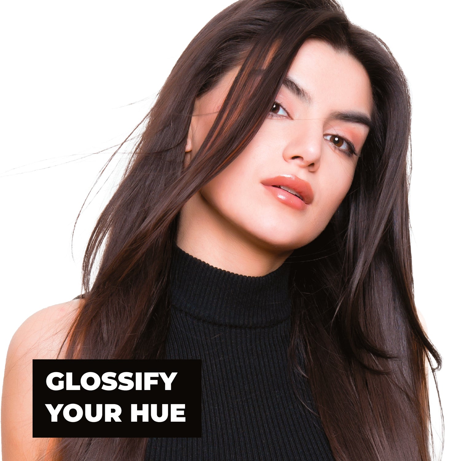Woman with dark hair on a white background with text 'Glossify Your Hue'.
