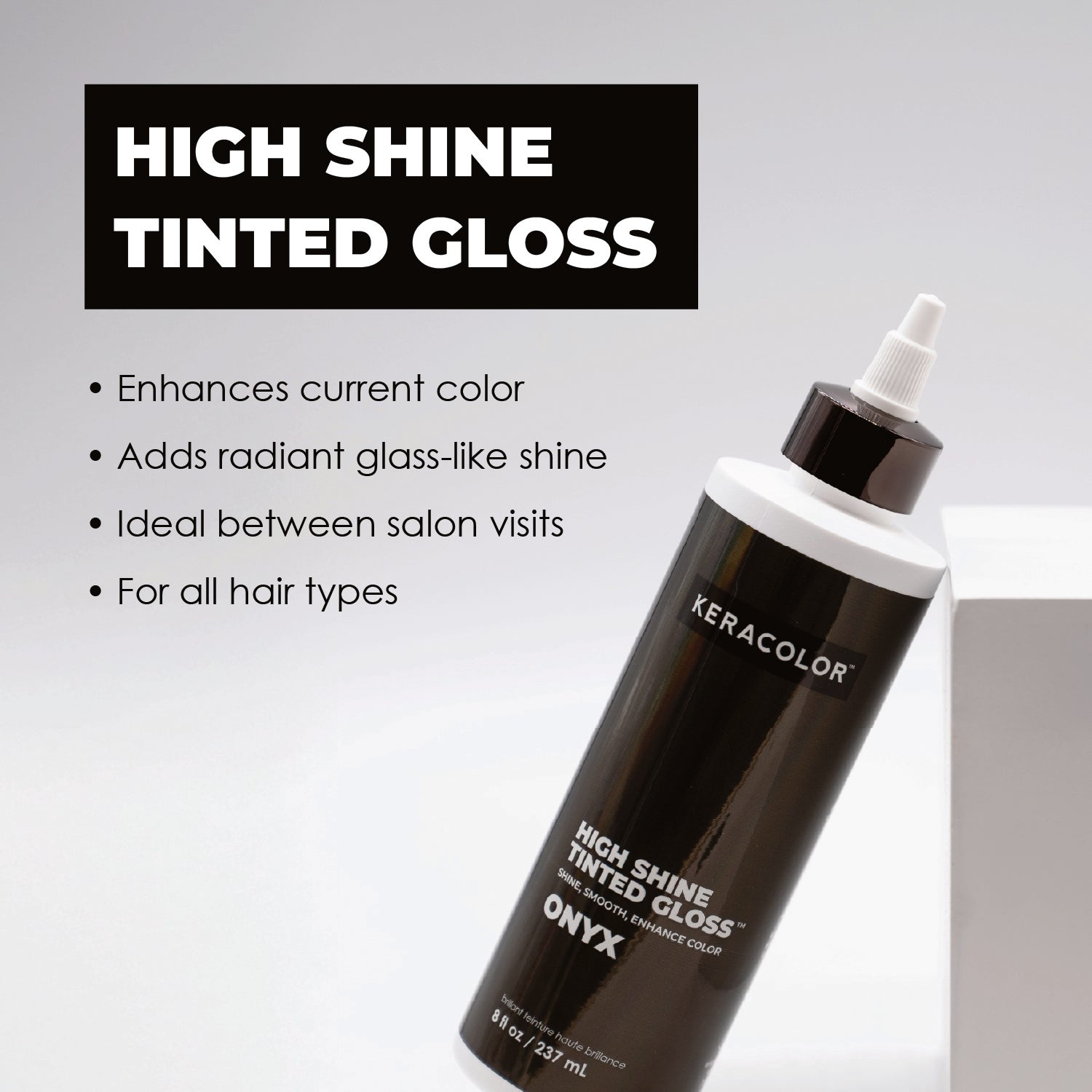 Keracolor High Shine Tinted Gloss bottle with product features on a light gray background