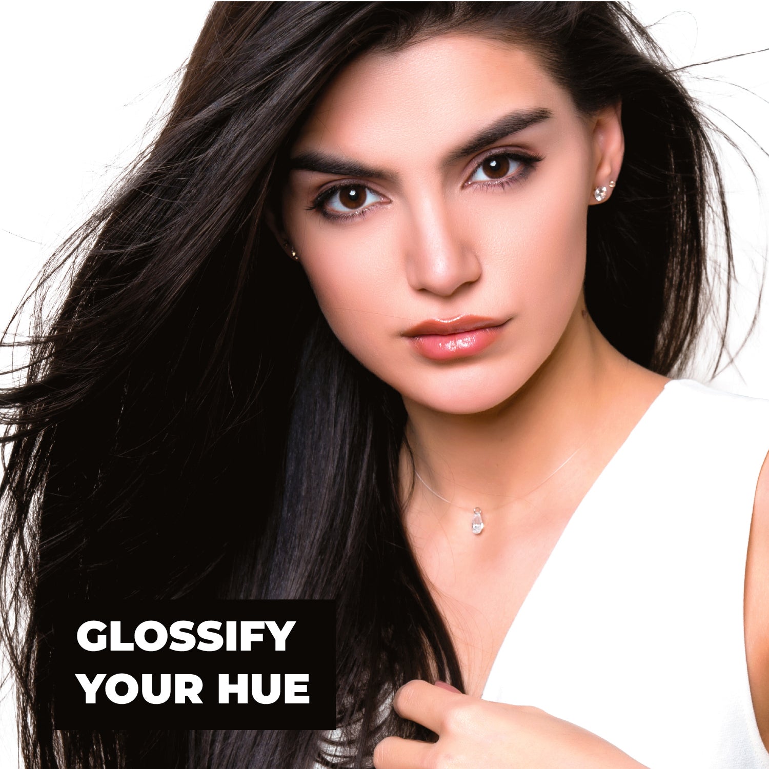 Woman with long dark hair and a white top, with text 'Glossify Your Hue' on a white background.