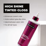 High shine tinted gloss bottle with product features on white background.