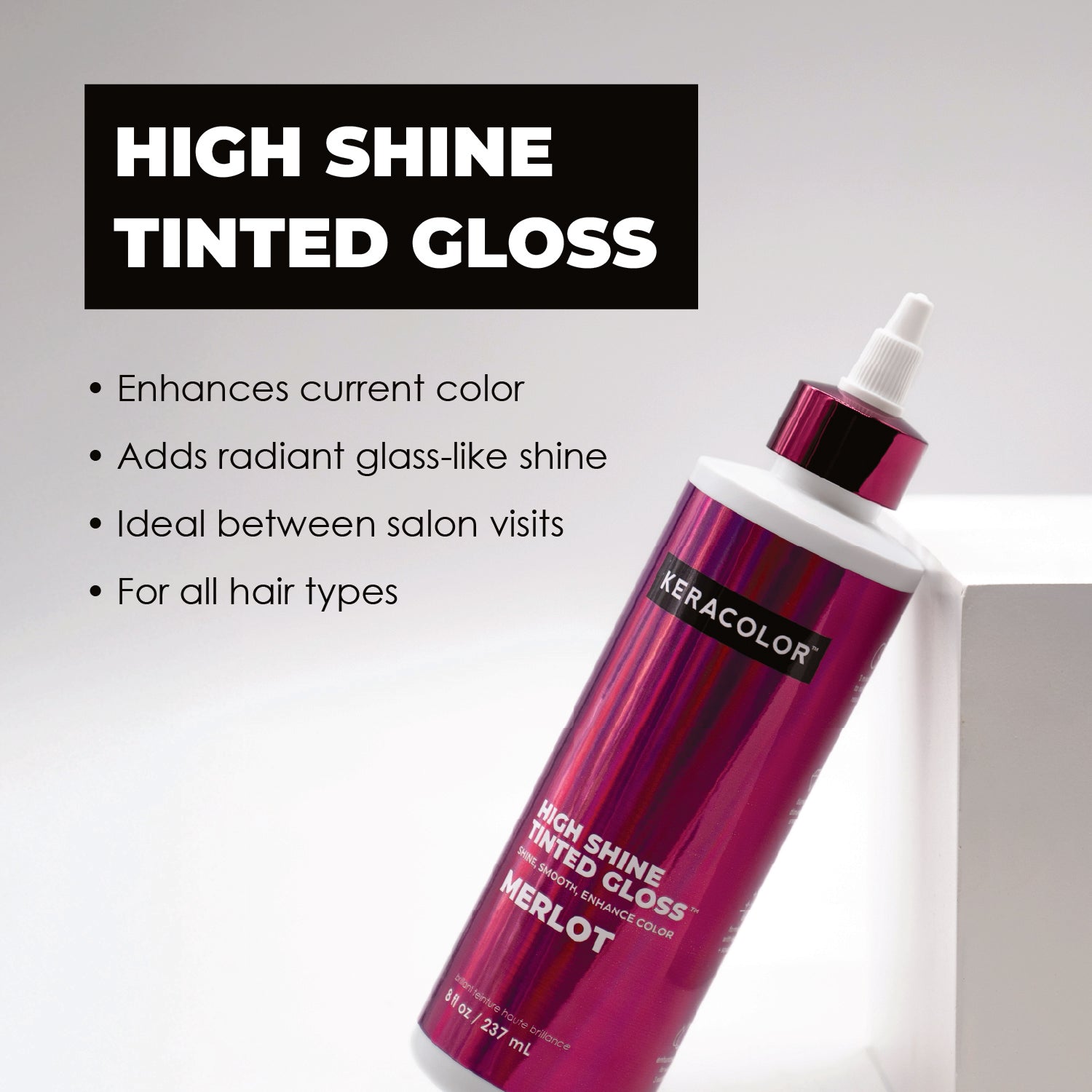 High shine tinted gloss bottle with product features on white background.