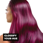 Person with vibrant merlot hair and text 'Glossify Your Hue' on a white background