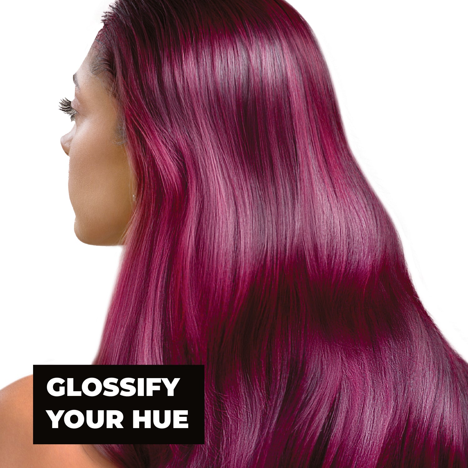 Person with vibrant merlot hair and text 'Glossify Your Hue' on a white background