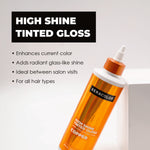 Keracolor High Shine Tinted Gloss bottle with product features on a light gray background