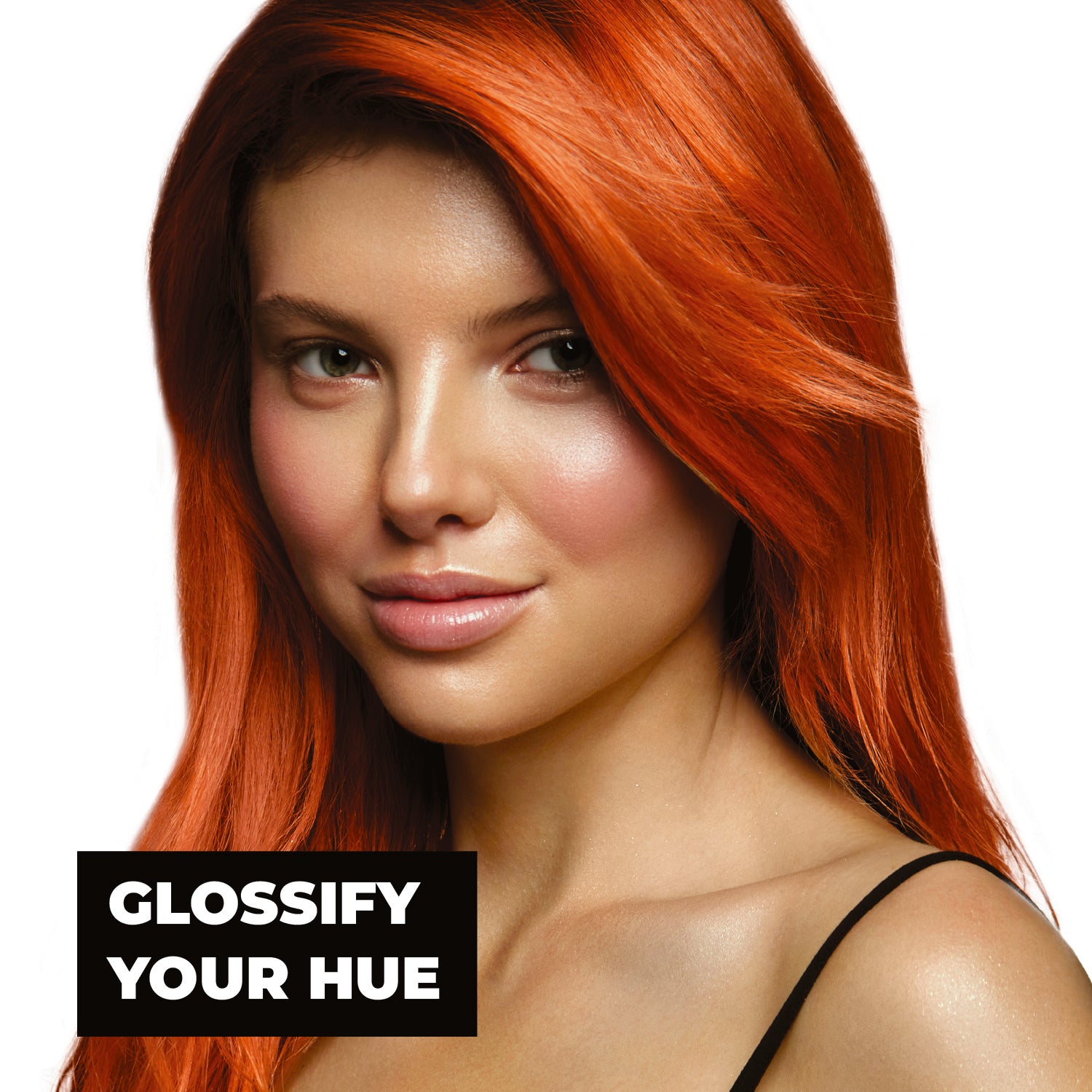Woman with vibrant copper hair and text 'Glossify Your Hue' on a white background
