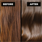 Before and after comparison of hair color treatment.
