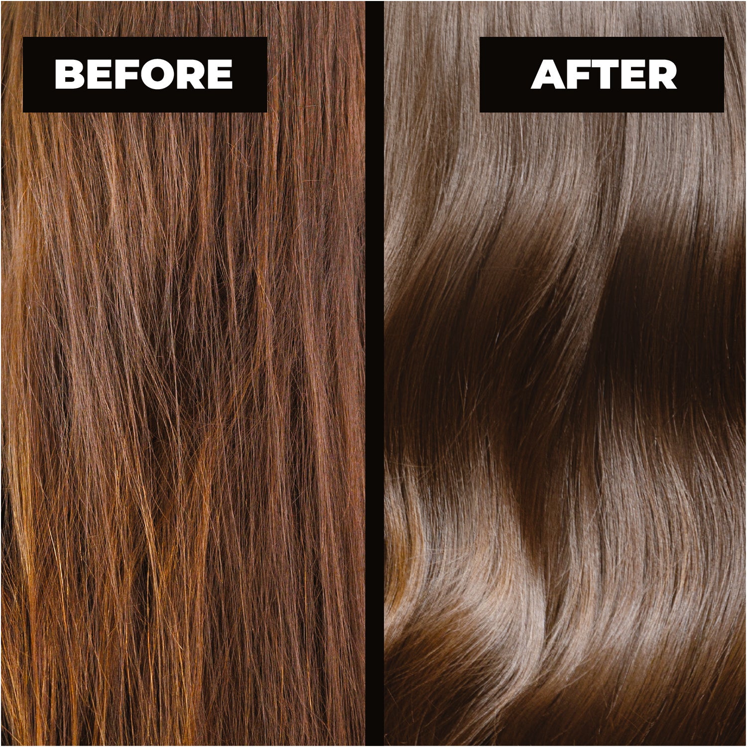 Before and after comparison of hair color treatment.