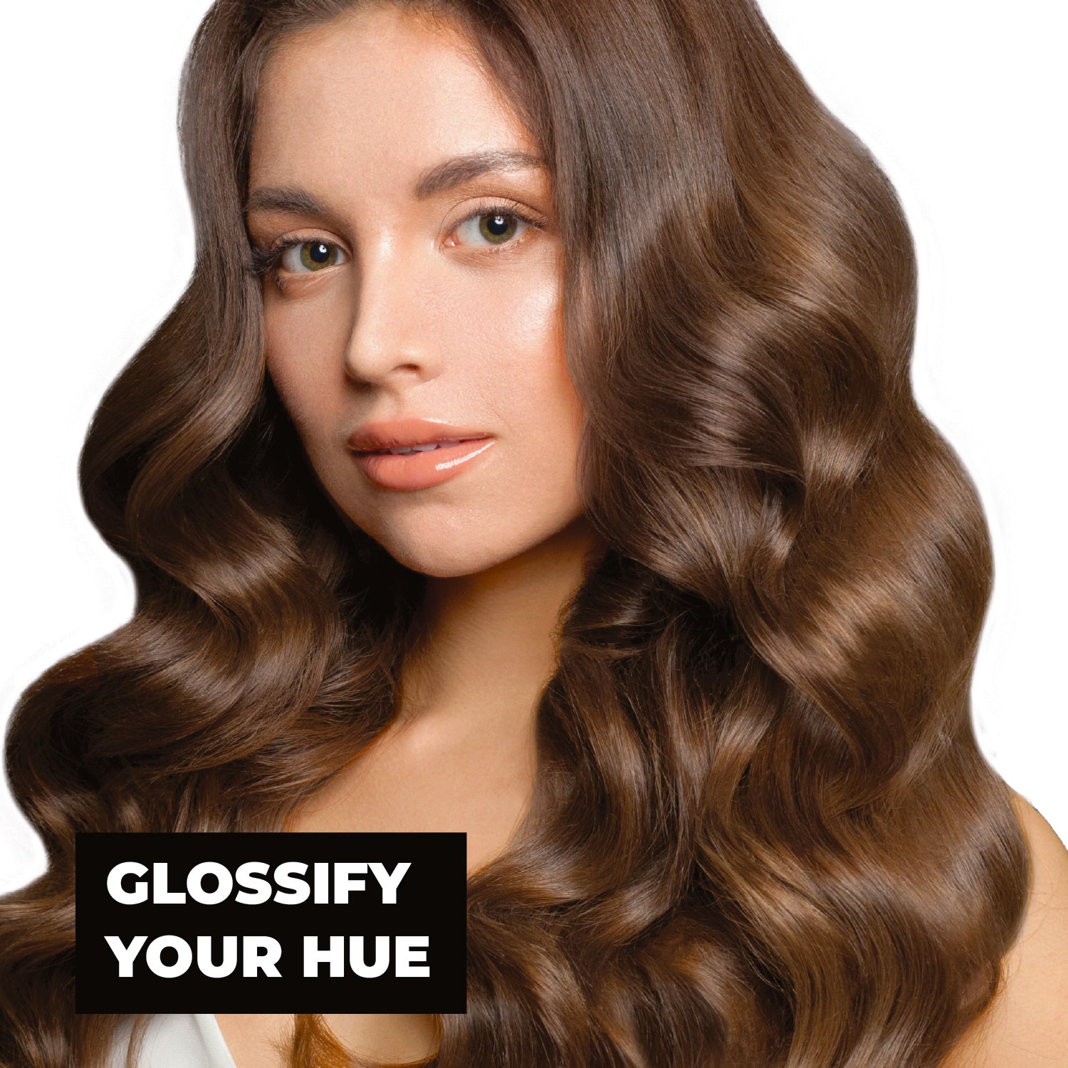 Woman with wavy brown hair on a white background with text 'Glossify Your Hue'.