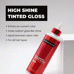 Red bottle of Keracolor High Shine Tinted Gloss with product features on a light gray background
