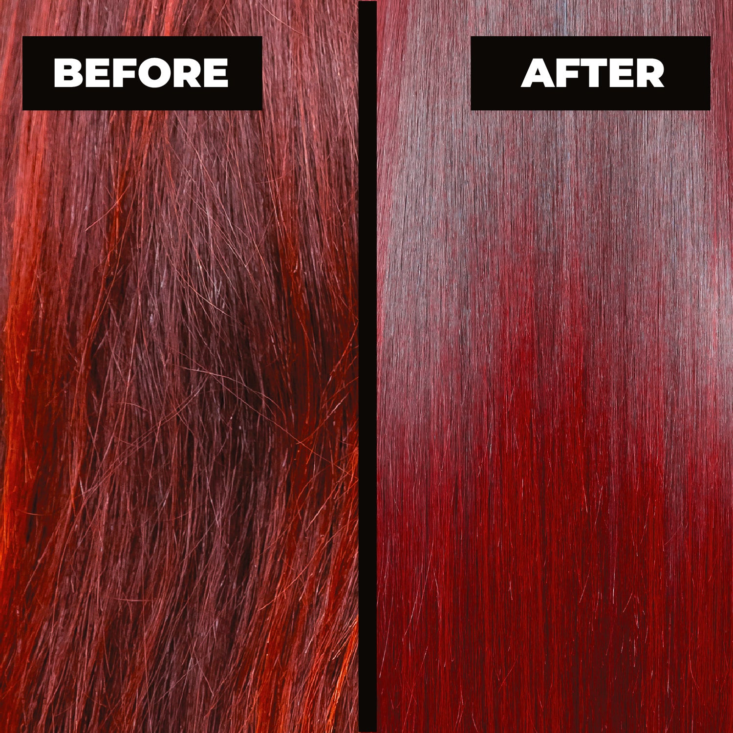 Before and after comparison of red hair color treatment.