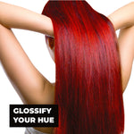 Person with vibrant red hair against a white background with 'Glossify Your Hue' text.