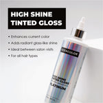 Keracolor high shine tinted gloss bottle with product features on a light gray background