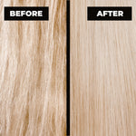 Comparison of blonde hair color before and after treatment on a wooden surface.