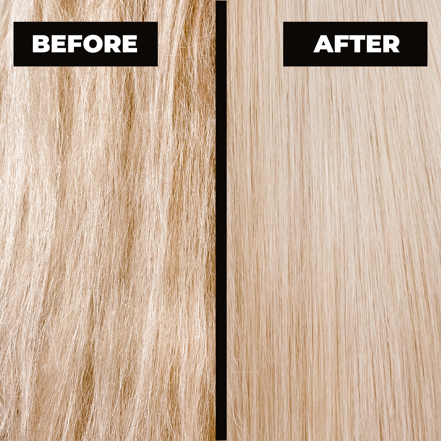 Comparison of blonde hair color before and after treatment on a wooden surface.
