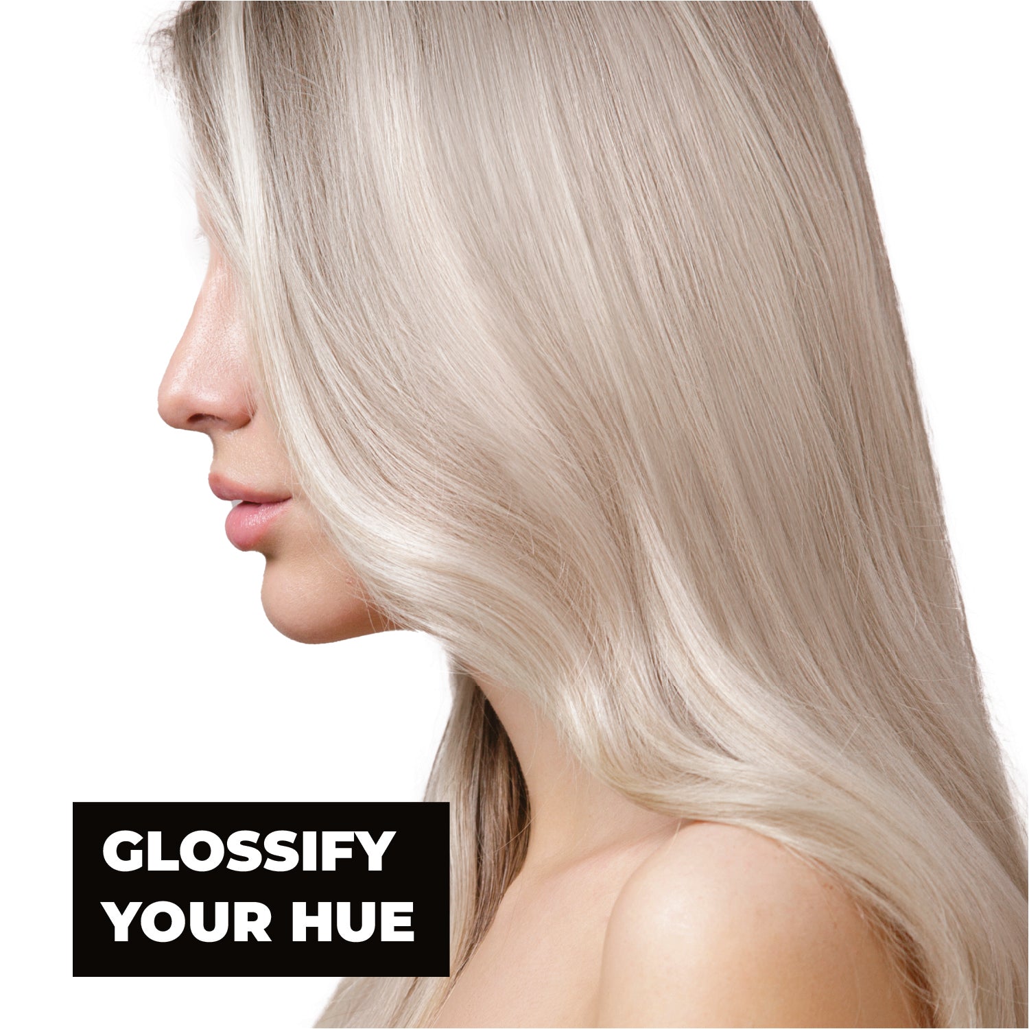 Woman with long blonde hair and pink lipstick on a white background with text 'Glossify Your Hue'.