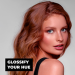 Woman with glossy hair and makeup against a neutral background with 'Glossify Your Hue' text.