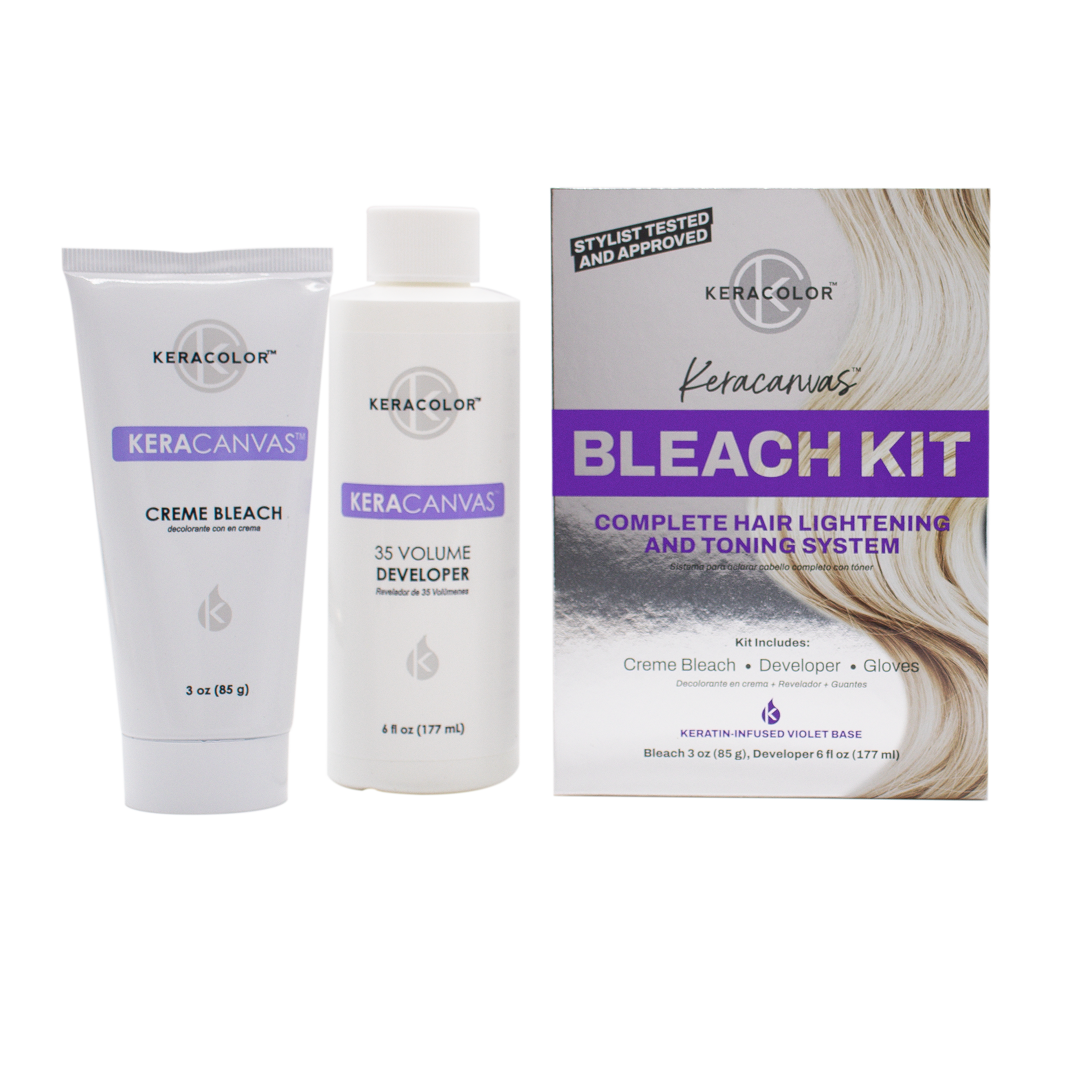 Keracolor Keracanvas Bleach Kit with creme bleach, developer, and packaging on a white background