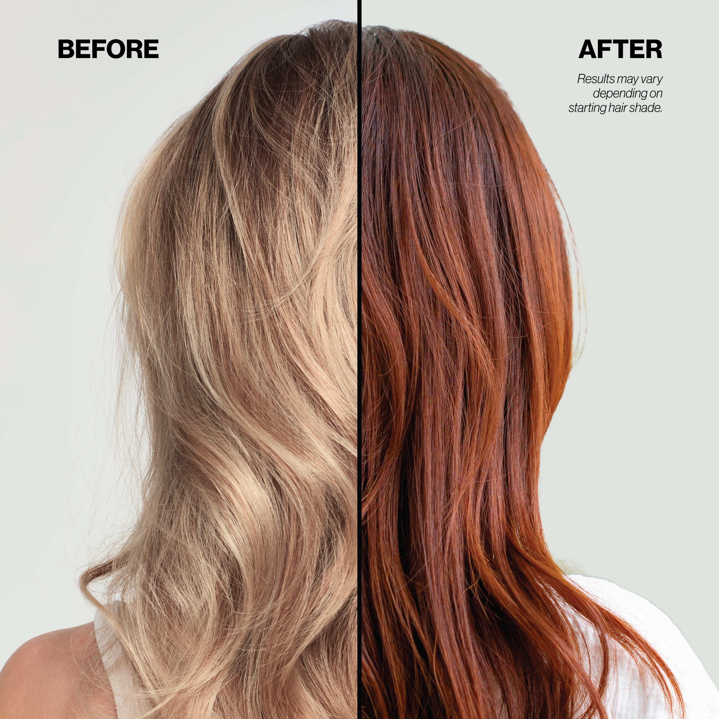 Before and after comparison of hair color transformation with a neutral background.