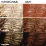 Hair color chart showing different hair shades from platinum to dark blonde, and how the Auburn color would look on them.