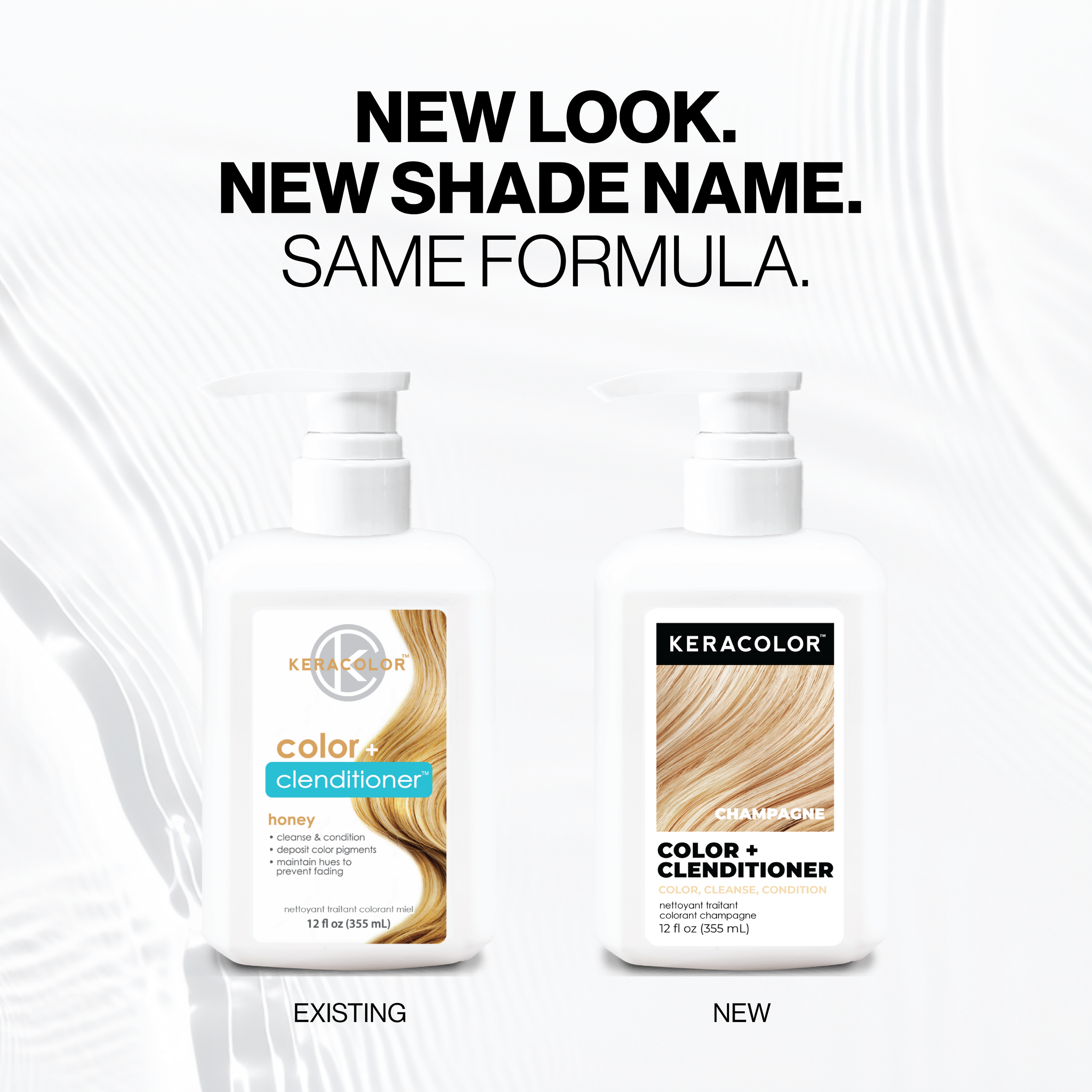 Two bottles of Keracolor color + conditioner with text 'New Look. New Shade Name. Same Formula.'