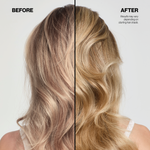 Before and after comparison of hair color treatment showing a lighter blonde shade.