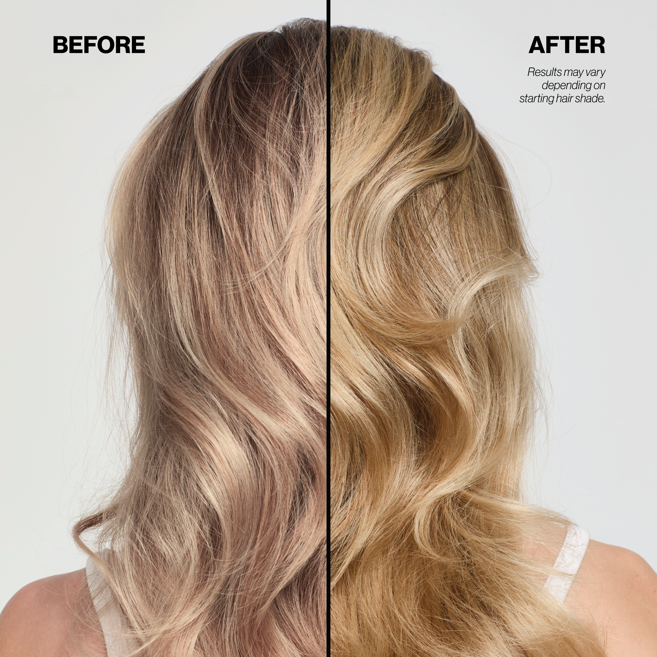 Before and after comparison of hair color treatment showing a lighter blonde shade.