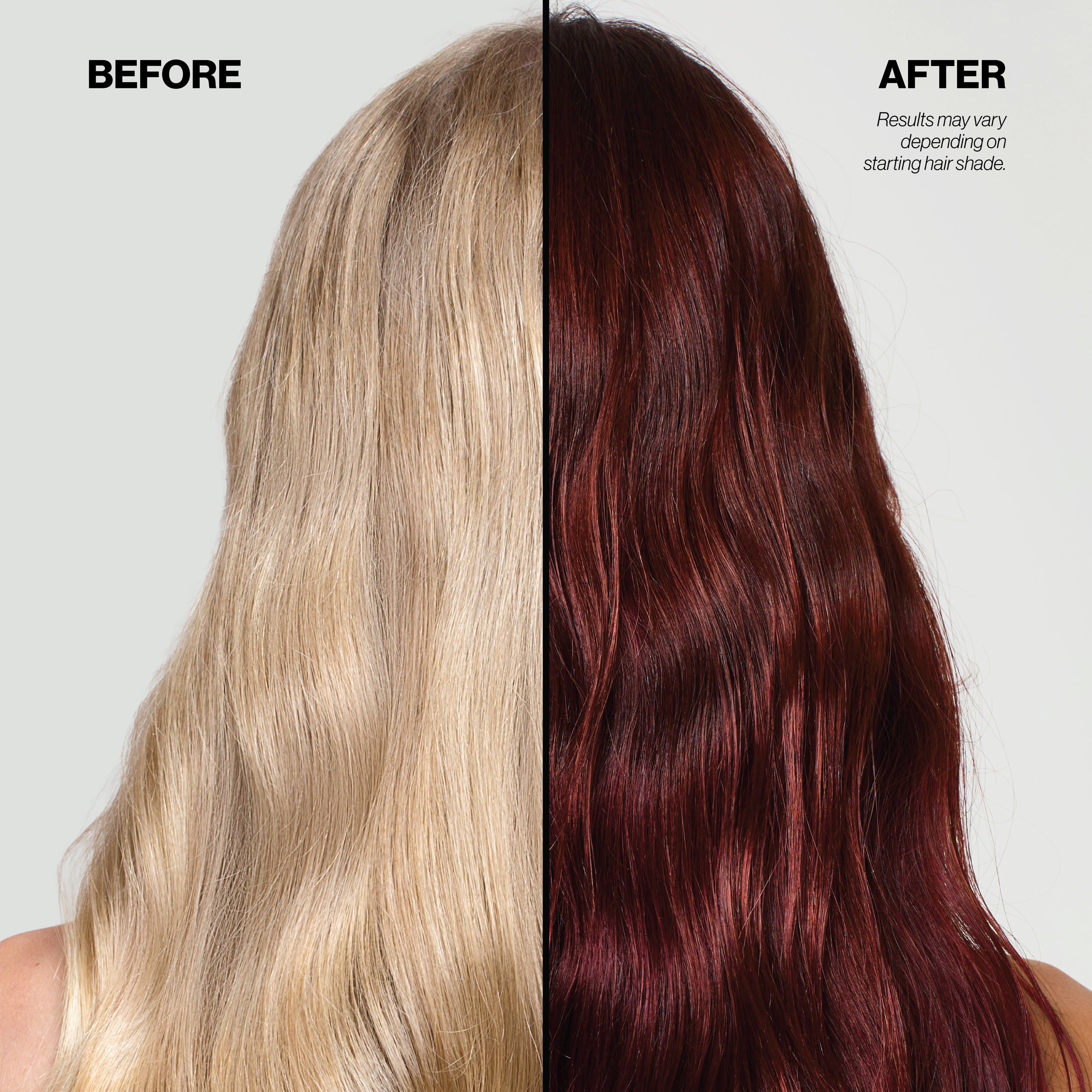 Before and after hair color transformation with blonde on the left and red-brown on the right.