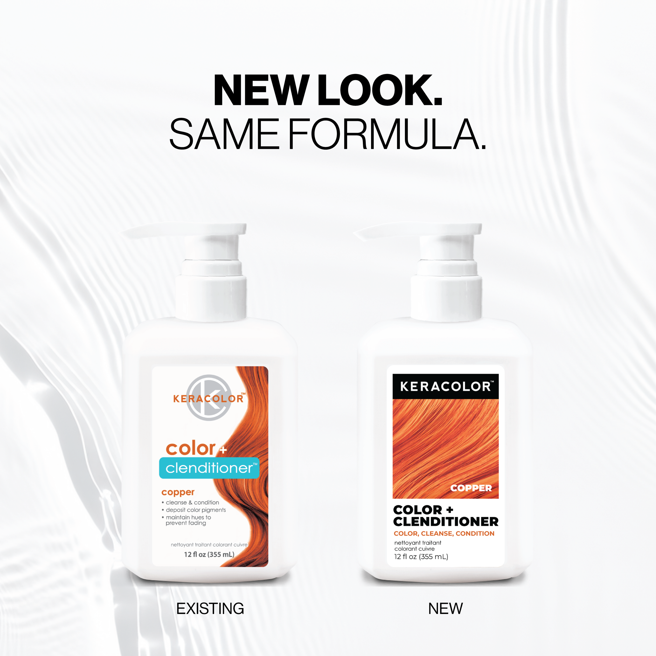 Two bottles of Keracolor Color + Conditioner with text 'New Look. Same Formula.' on a white background.