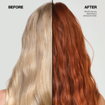Before and after comparison of hair color transformation from blonde to red.
