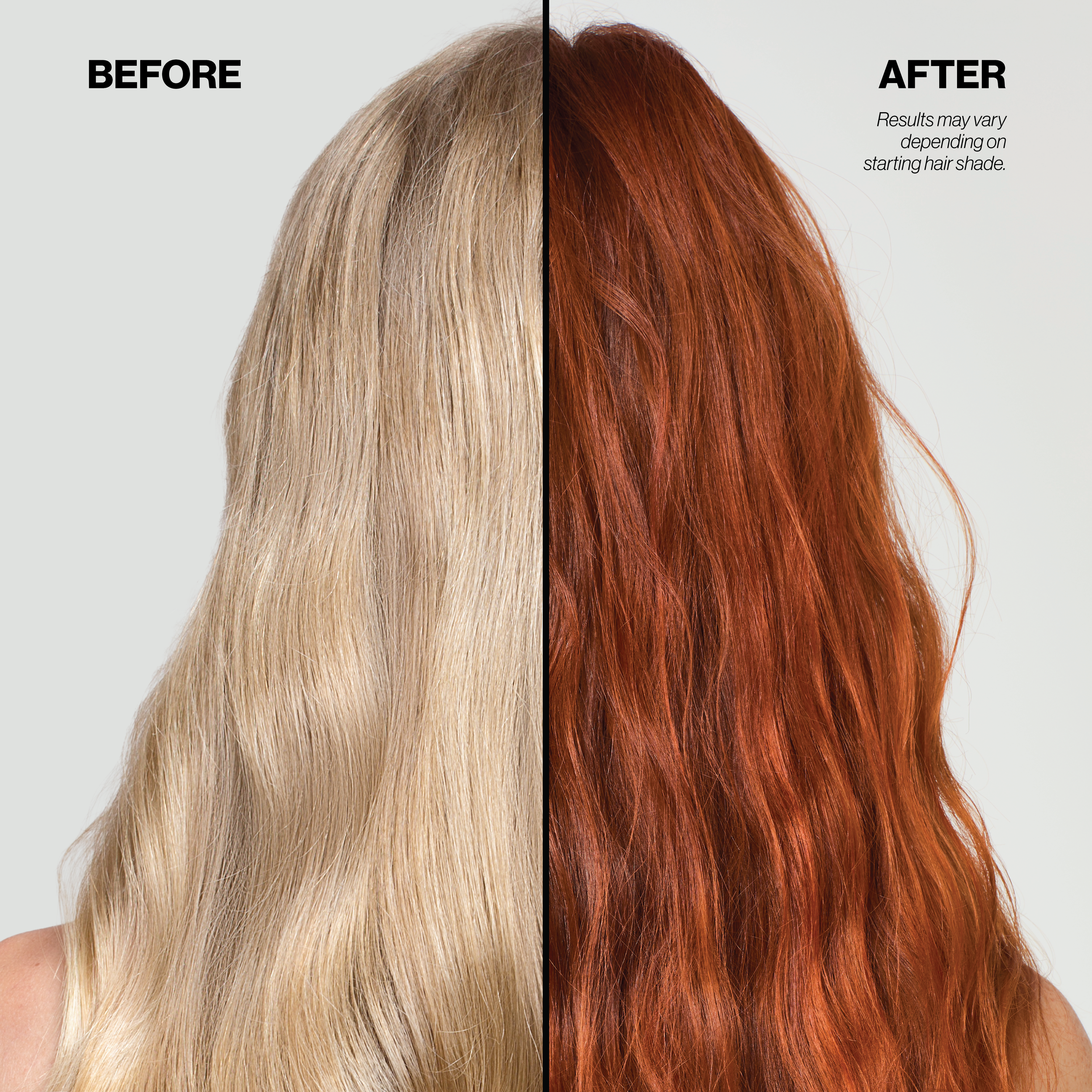 Before and after comparison of hair color transformation from blonde to red.