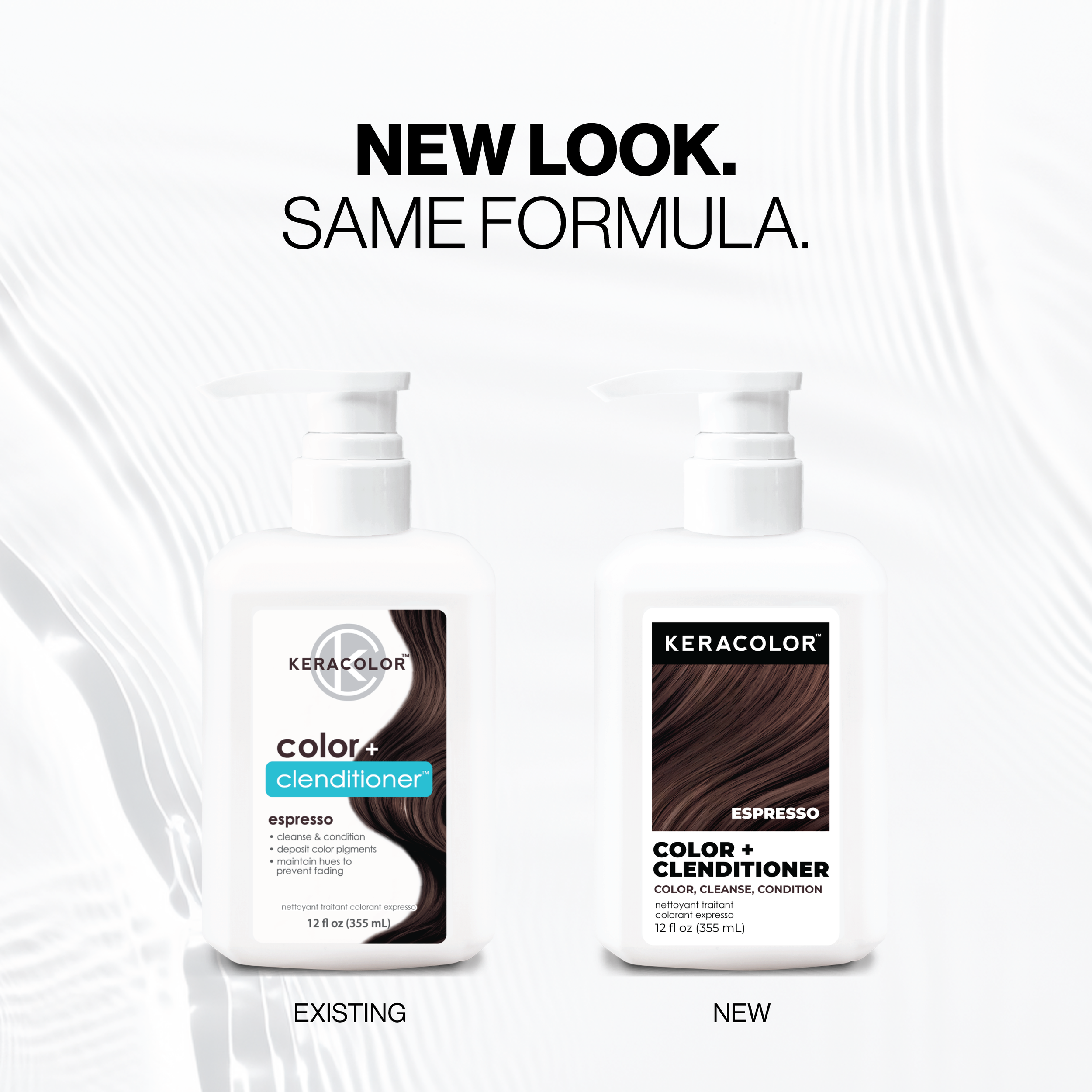 Two bottles of Keracolor Color + Clenditioner Espresso on a white background with text 'New Look. Same Formula.'
