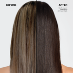 Before and after comparison of hair treatment on a person with straightened hair.