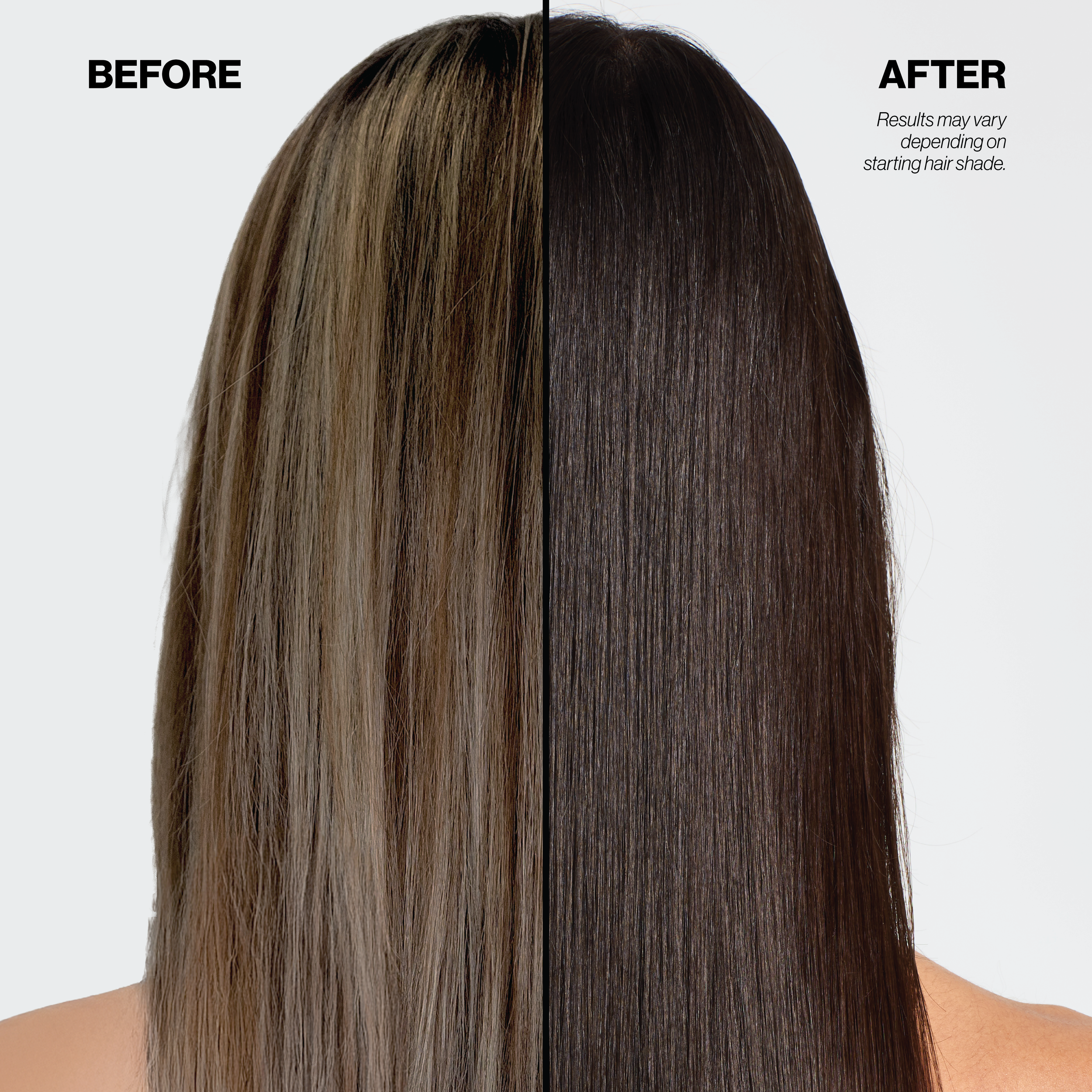 Before and after comparison of hair treatment on a person with straightened hair.