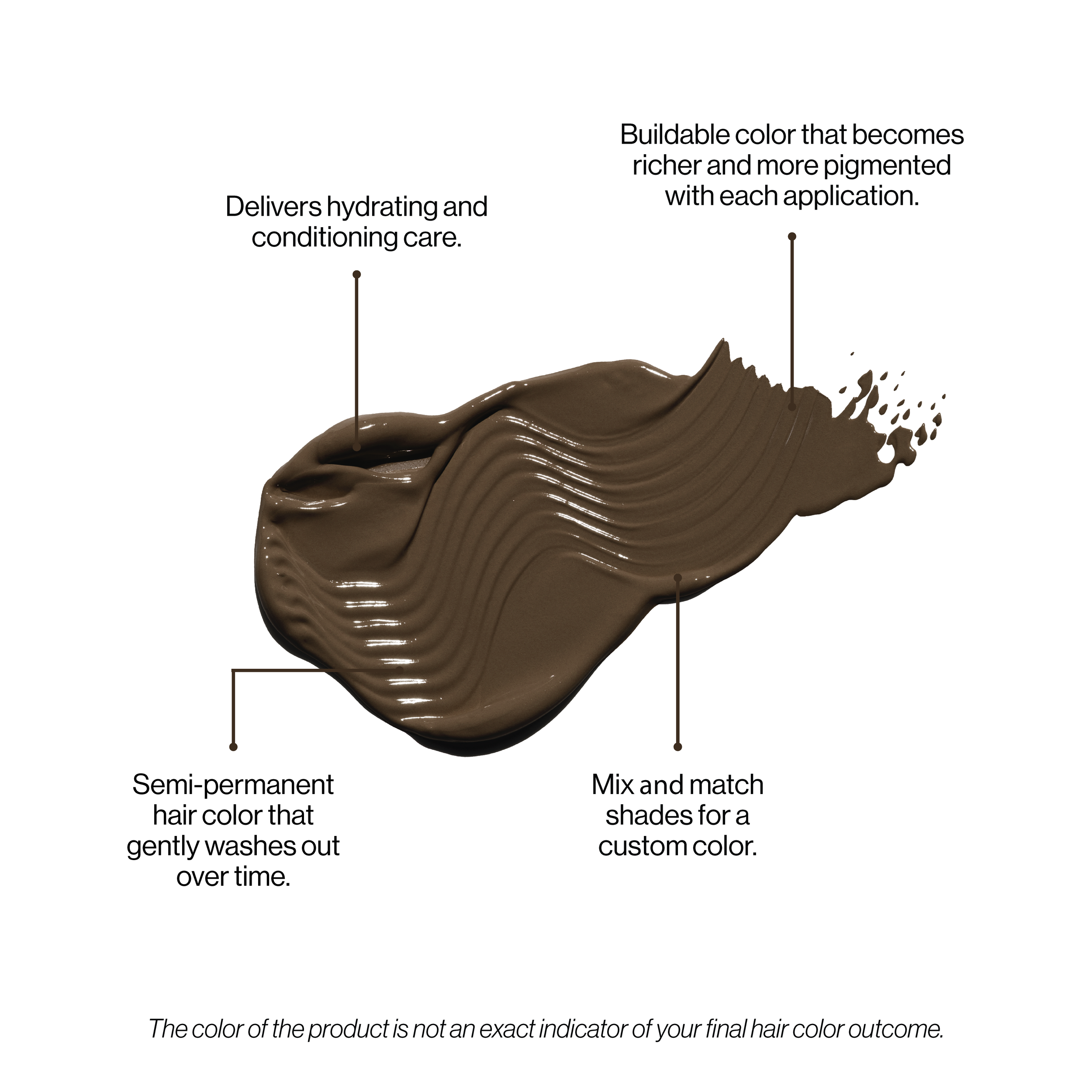 Brown hair color product with text describing its properties on a white background