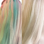 Two strands of hair, one with multicolored pastel shades and the other with a plain blonde color.