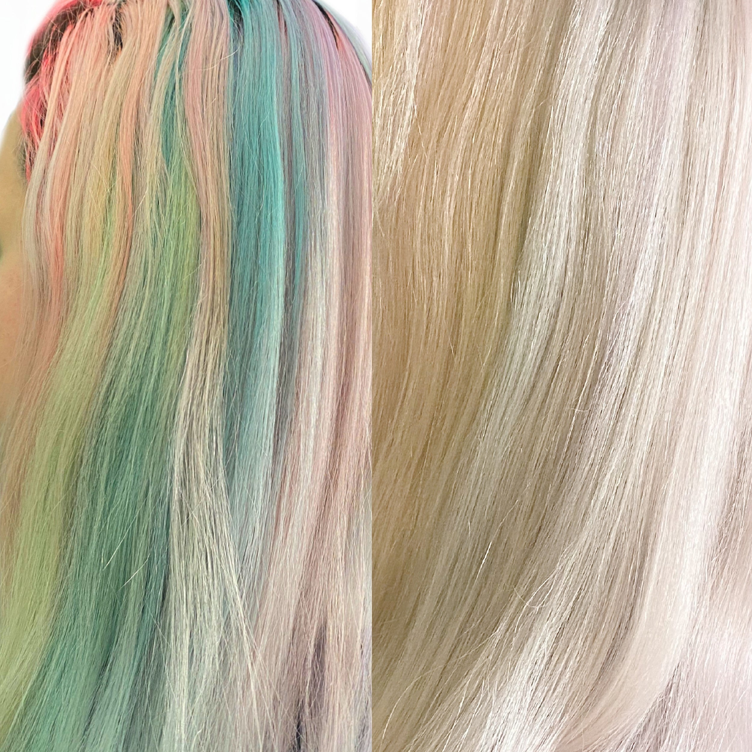 Two strands of hair, one with multicolored pastel shades and the other with a plain blonde color.