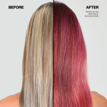 Before and after hair color transformation with a person's head split down the middle, showing blonde on the left and red on the right.