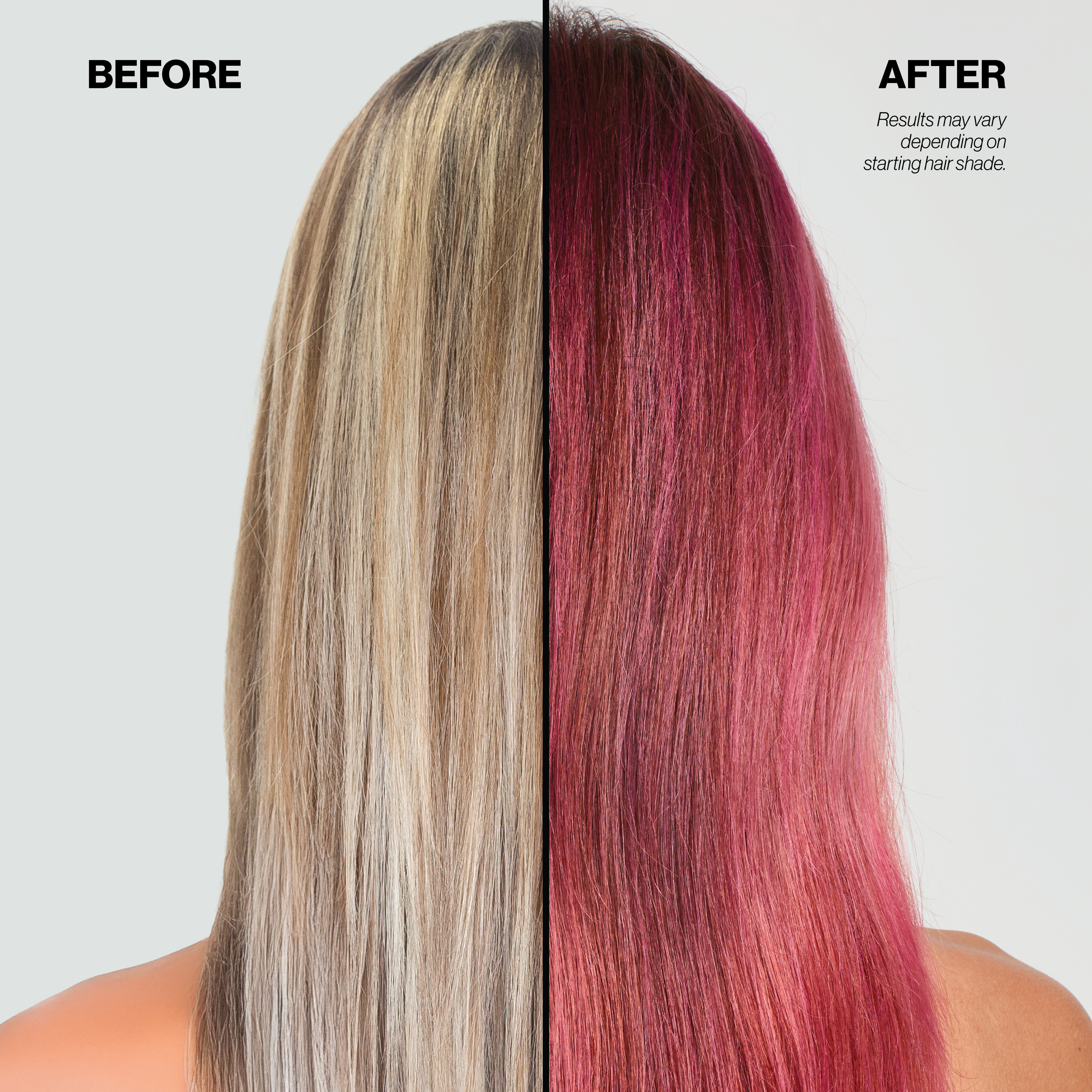 Before and after hair color transformation with a person's head split down the middle, showing blonde on the left and red on the right.