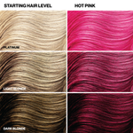 Color chart for hair dye showing platinum, light blonde, dark blonde, and hot pink hair color options.