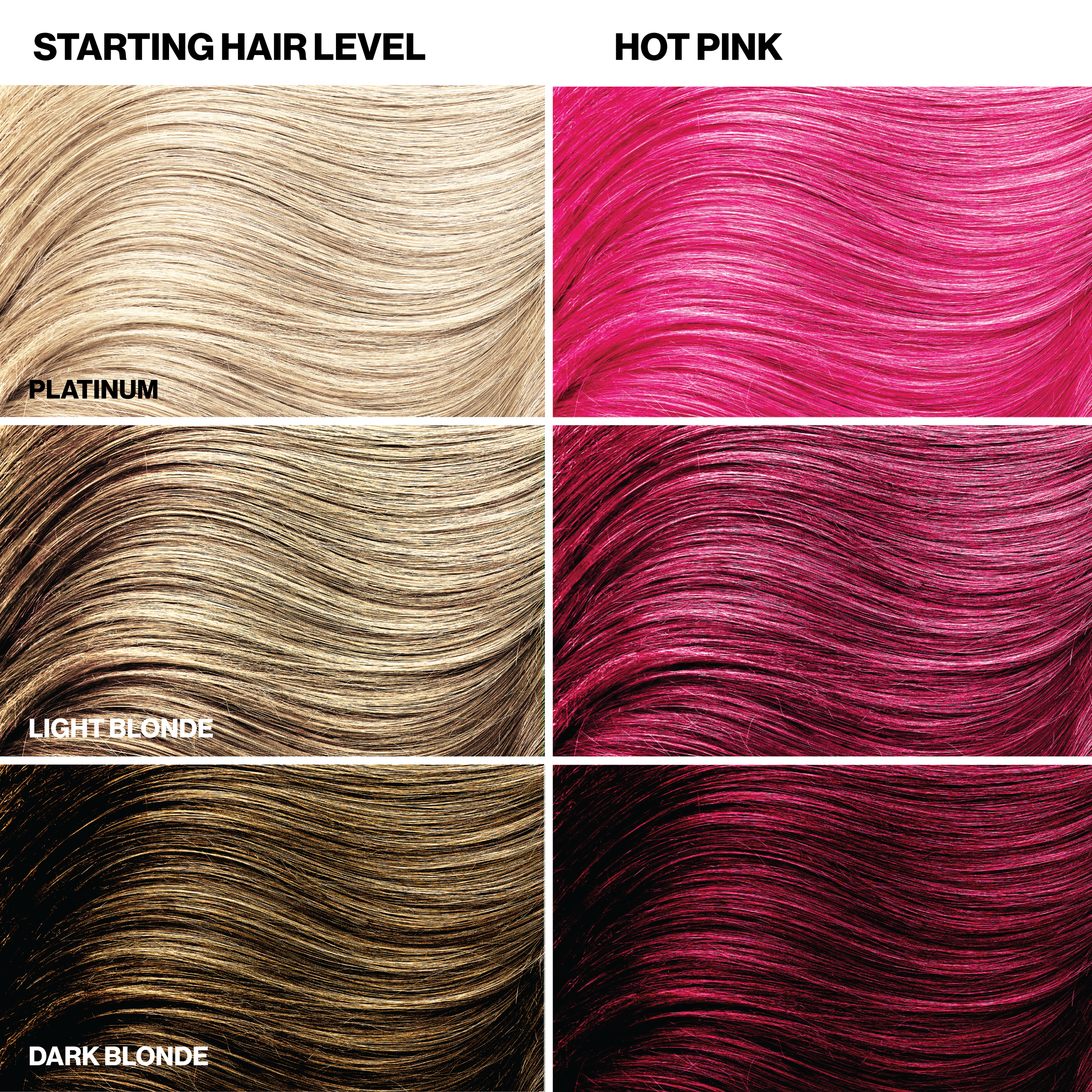 Color chart for hair dye showing platinum, light blonde, dark blonde, and hot pink hair color options.