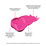 Pink hair color product with features highlighted on a white background