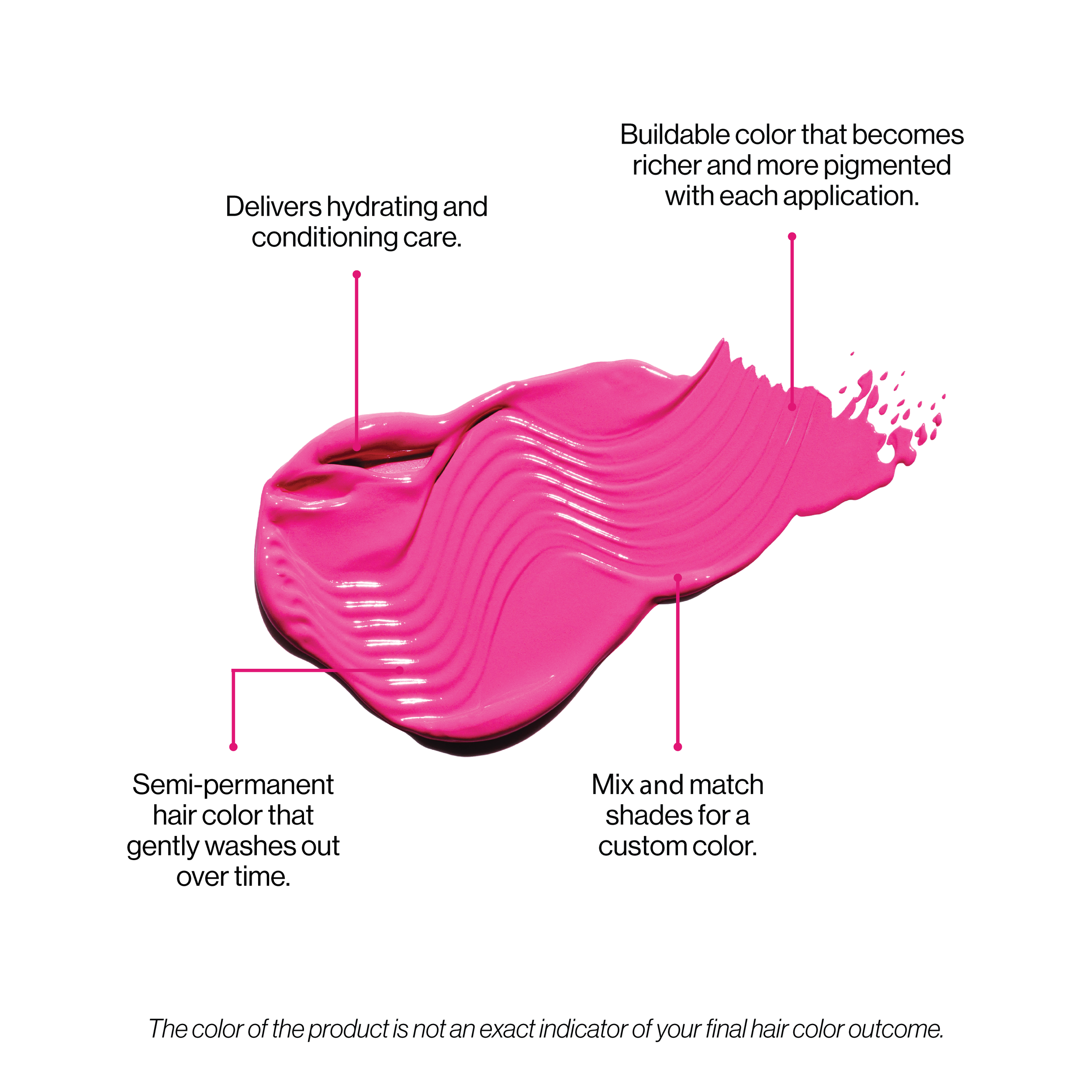 Pink hair color product with features highlighted on a white background