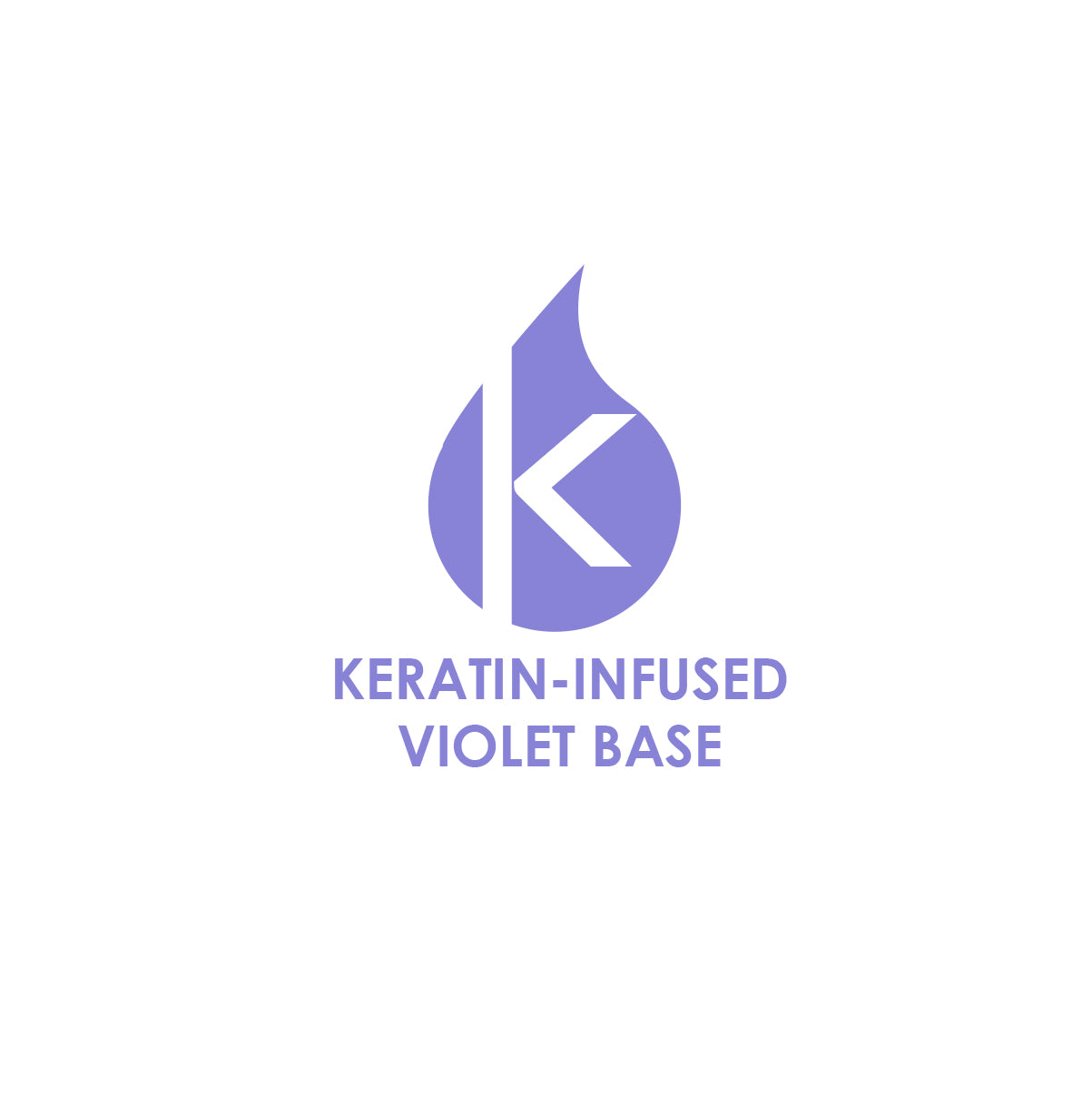 Logo with a purple 'K' and text 'Keratin-Infused Violet Base' on a white background