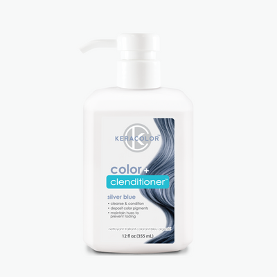 White 12oz bottle with a white label. Contains Keracolor color + clenditioner silver blue.
