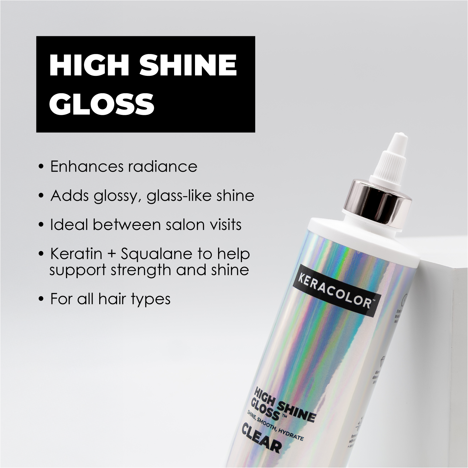 Keracolor High Shine Gloss bottle with product features on a gray background