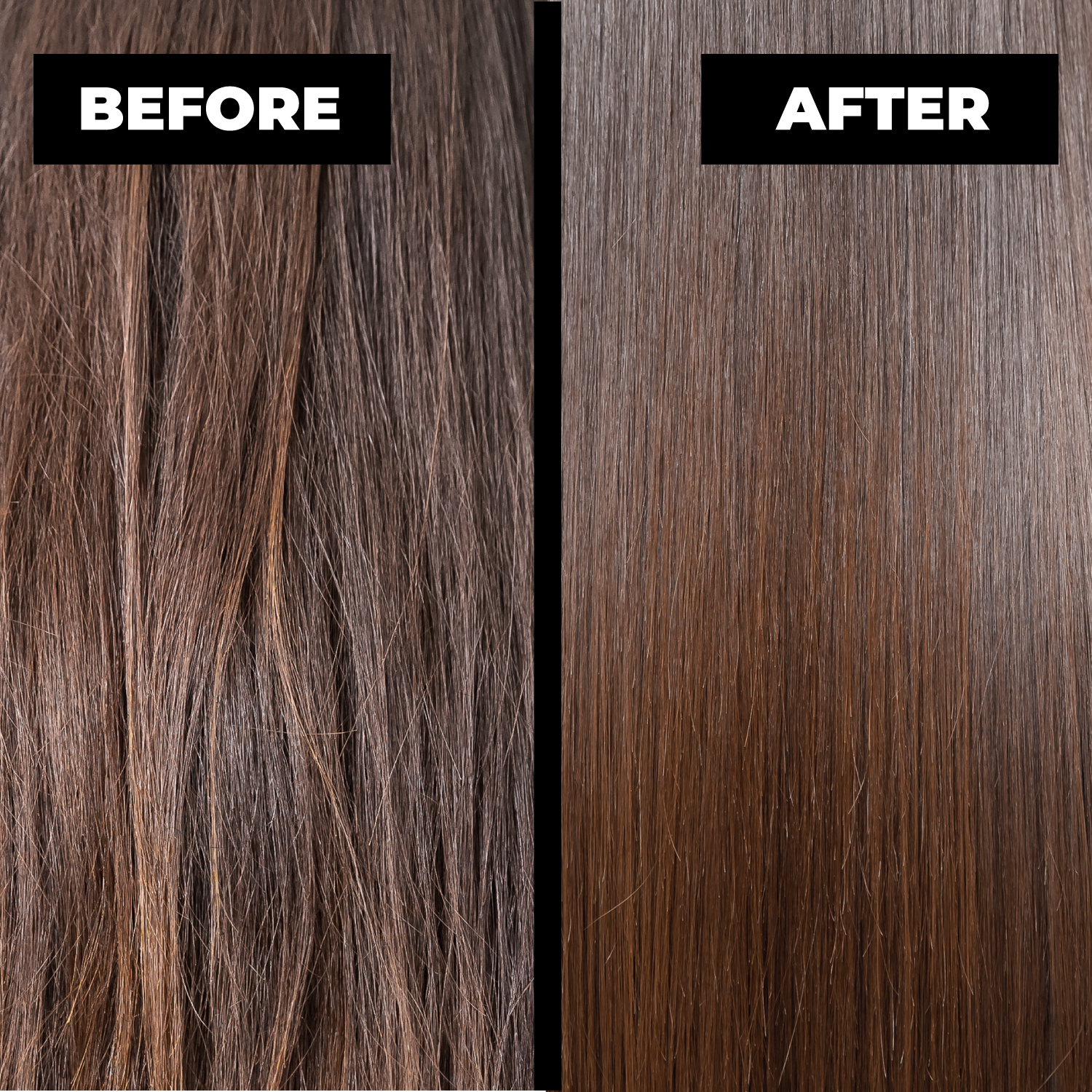 Before and after comparison of hair color treatment on a split image.
