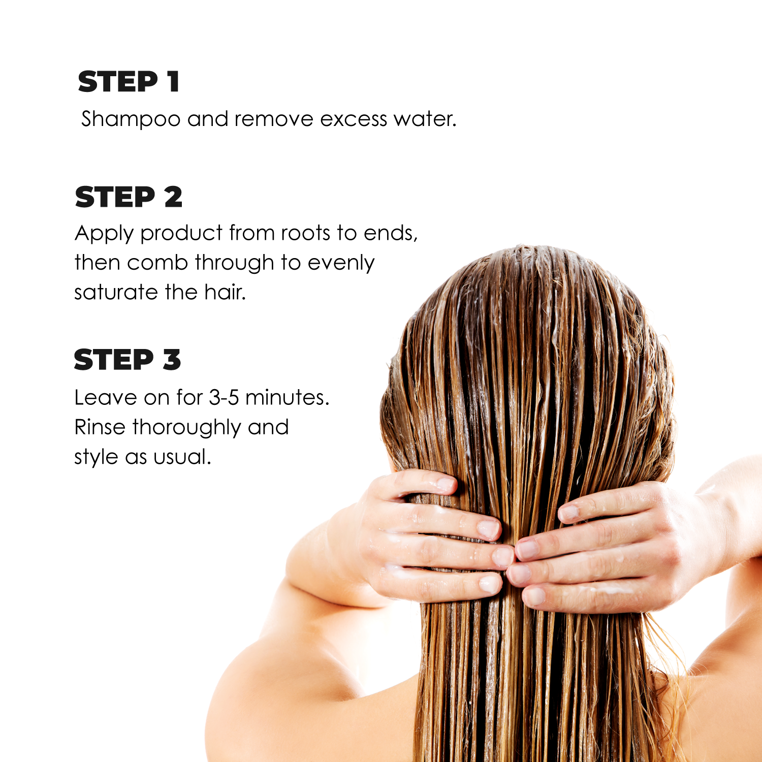 Hair care instructions with a person holding wet hair, on a white background