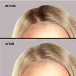 Before and after comparison of hair root touch up on a person with blonde hair.