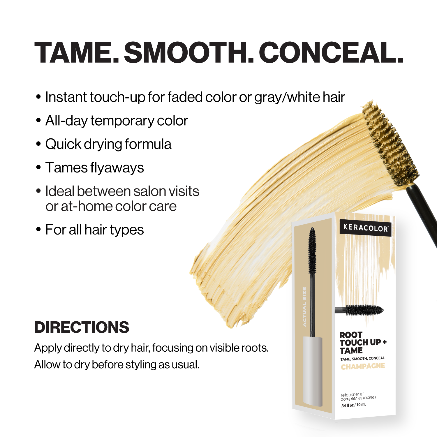 Hair product with brush and packaging on a white background, featuring text about product features and usage.